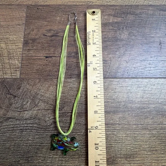 Art Glass Pig Pendant Necklace Lime Green Ribbon Cord Confetti Animal Jewelry - Picture 5 of 10